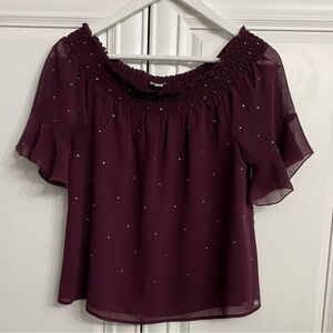 Guess Women’s Sz Small Elegant Plum Off-Shoulder Frilly Sleeve Billowy Blouse